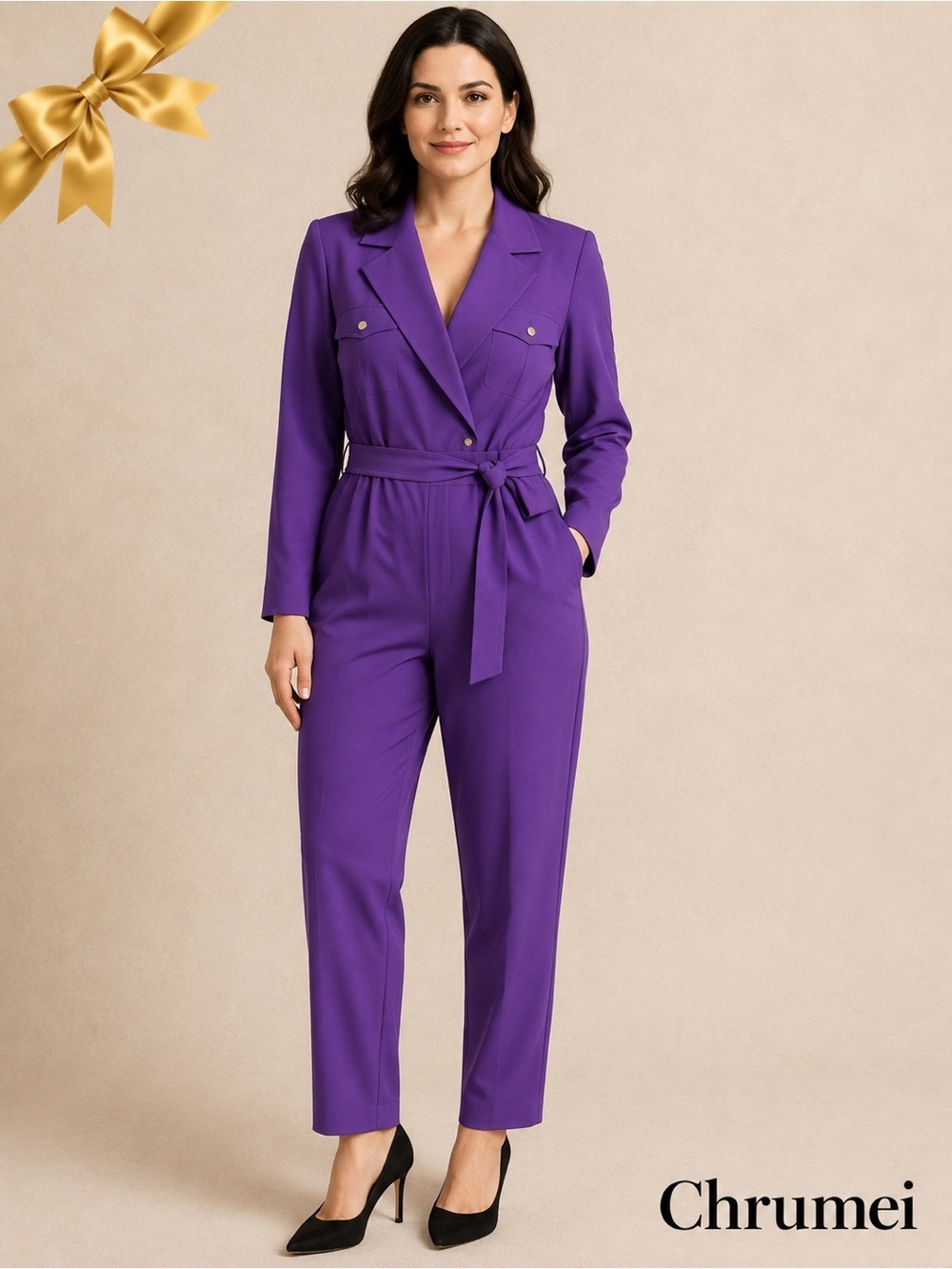 Chrumei Purple Long Sleeve Belted Jumpsuit Medium